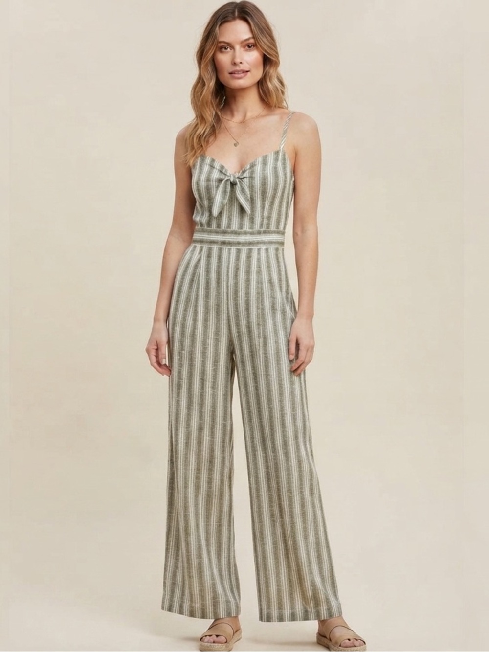 Monteau Los Angeles Striped Linen-Blend Sage Green White Jumpsuit Size L